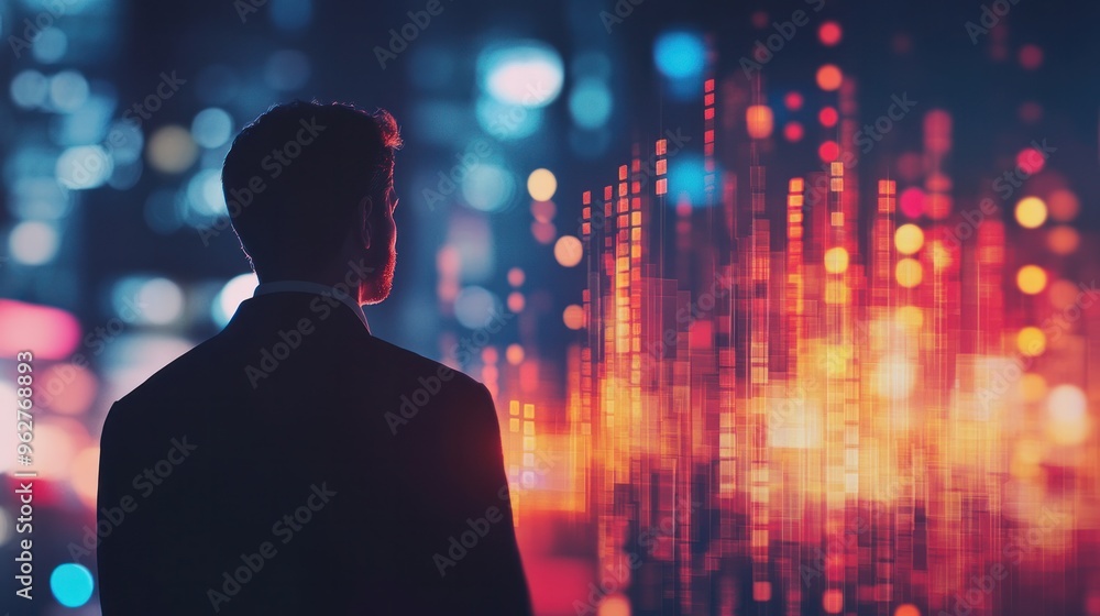 A businessman standing in front of a digital chart filled with positive growth projections, glowing in the background A businessman standing in front of a digital chart filled with positive growth projections, glowing in the background