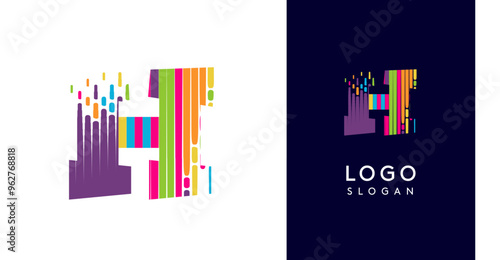 Colorful stripes transitioning into pixel-like elements fat logo template, letter H, abstract equalizer logotype for tech, creative studio, media, digital branding. Vector illustration