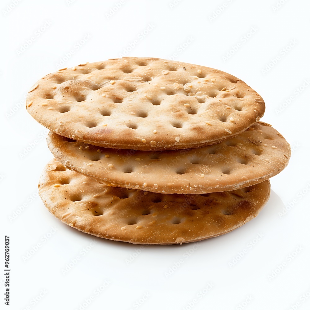 Three round crackers with sesame seeds, isolated on white background. Three round crackers with sesame seeds, isolated on white background.