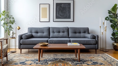 Stylish Living Room Decor: Modern Gray Sofa and Vintage Coffee Table with Persian Rug – Perfect for Sports Interior Postern Inspiration!