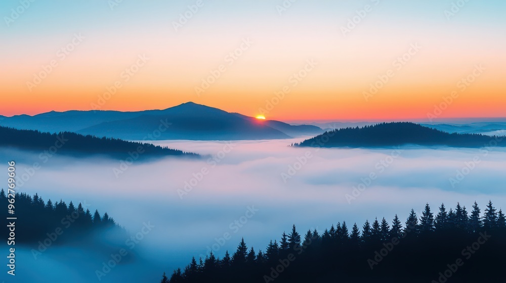 Fototapeta premium A breathtaking view of misty mountains at sunrise, showcasing vibrant colors and serene landscapes bathed in soft morning light.