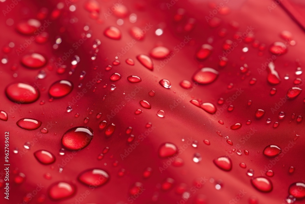 Waterproof fabric droplets beading up on surface. High-resolution of synthetic red outdoor sport material with small water droplets evenly spread across fabric, water-repelling properties. Waterproof fabric droplets beading up on surface. High-resolution of synthetic red outdoor sport material with small water droplets evenly spread across fabric, water-repelling properties.