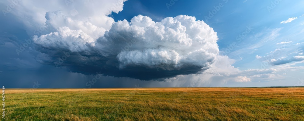 A dramatic cloud formation looms over a serene grassy landscape under a bright blue sky, capturing nature's beauty and tranquility. A dramatic cloud formation looms over a serene grassy landscape under a bright blue sky, capturing nature's beauty and tranquility.