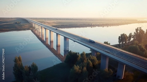 Wallpaper Mural A scenic aerial view of a modern bridge over a calm river at sunrise, highlighting the tranquil beauty of nature and infrastructure. Torontodigital.ca