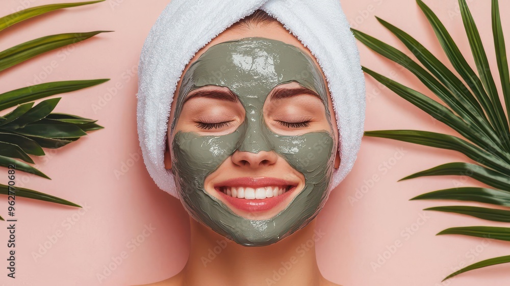 Woman using a clay mask, relaxed and happy after a bath, flat color, earthy and soothing tones Woman using a clay mask, relaxed and happy after a bath, flat color, earthy and soothing tones