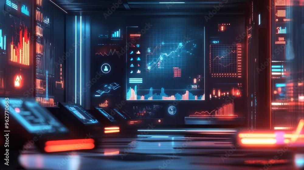 A futuristic office filled with business success icons and a glowing interactive chart representing financial growth A futuristic office filled with business success icons and a glowing interactive chart representing financial growth