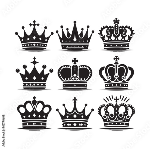 Kings crown icon set silhouette vector illustration