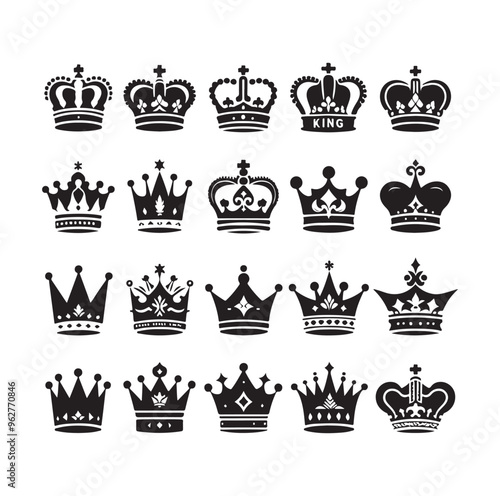 Kings crown icon set silhouette vector illustration