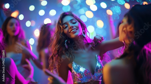 Young women dancing at a vibrant party, full of energy.