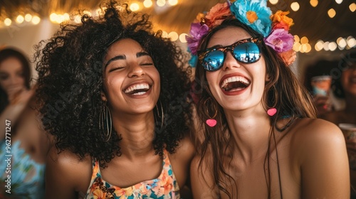 Young women enjoying a themed costume party, dressed up and laughing.