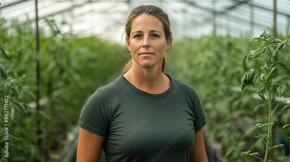 A woman stands confidently in a greenhouse, surrounded by lush green plants, showcasing dedication to sustainable farming. A woman stands confidently in a greenhouse, surrounded by lush green plants, showcasing dedication to sustainable farming.
