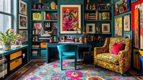 Transform Your Workspace: A Maximalist Home Office Design Featuring a Teal Desk, Colorful Gallery Wall, and Bold Floral Rug – Perfect as a Poster for Inspiring Interiors!