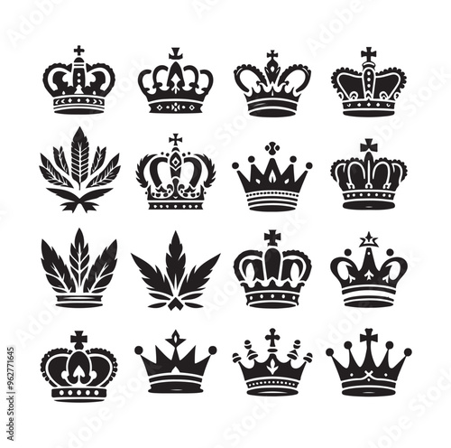 Kings crown icon set silhouette vector illustration