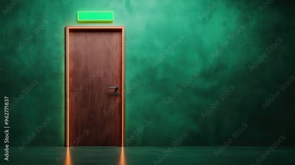 Close-up of an emergency exit door with glowing green signage, emergency exit door glowing, safety concept Close-up of an emergency exit door with glowing green signage, emergency exit door glowing, safety concept