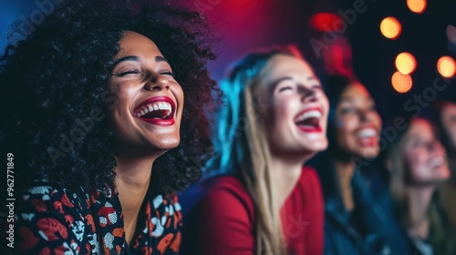 Young women laughing and enjoying a comedy show.