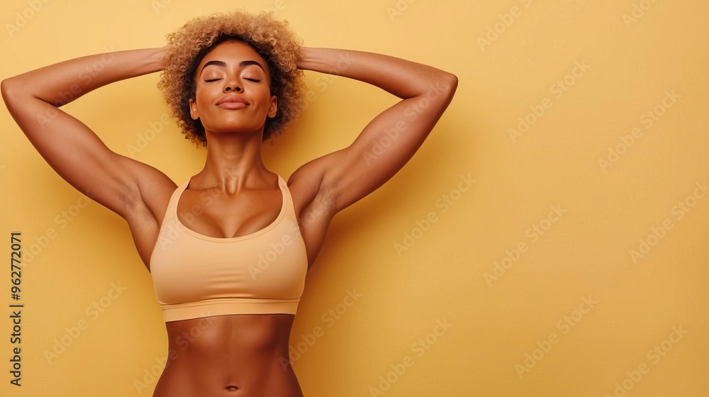 Confident woman with toned muscles enjoying a moment of relaxation against a vibrant yellow backdrop. Confident woman with toned muscles enjoying a moment of relaxation against a vibrant yellow backdrop.