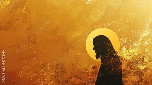 Minimalist graphic design of Jesus silhouette against a gold gradient background