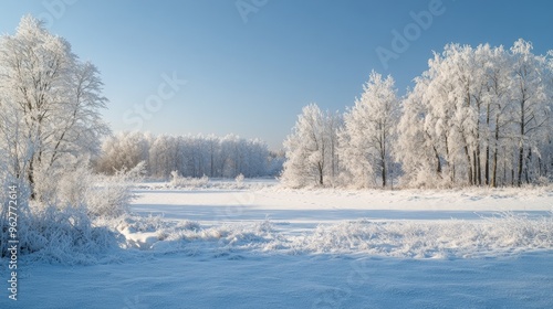 A serene winter landscape with frosted trees and a snowy field under a clear blue sky.