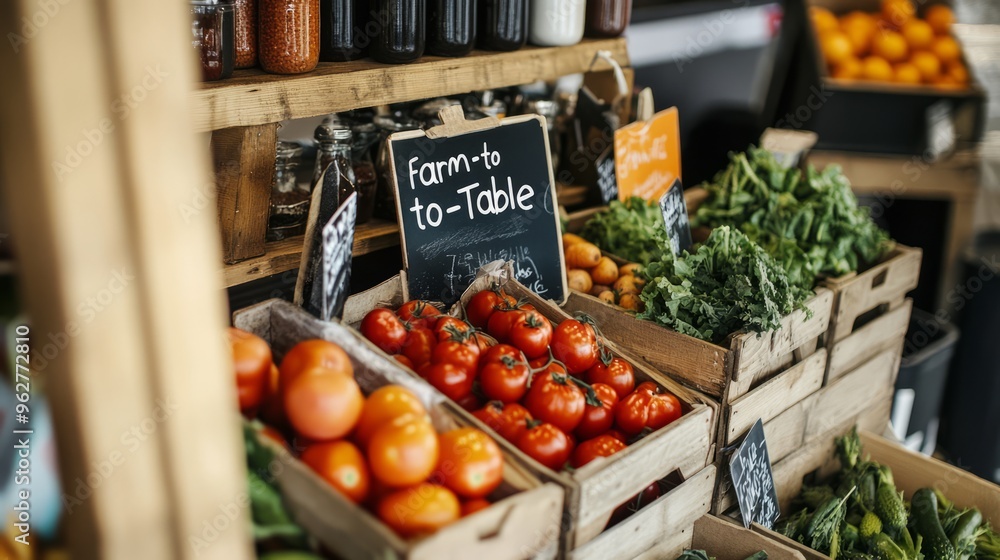 Fresh Produce Display with Farm to Table Sign in Rustic Wooden Crates Fresh Produce Display with Farm to Table Sign in Rustic Wooden Crates