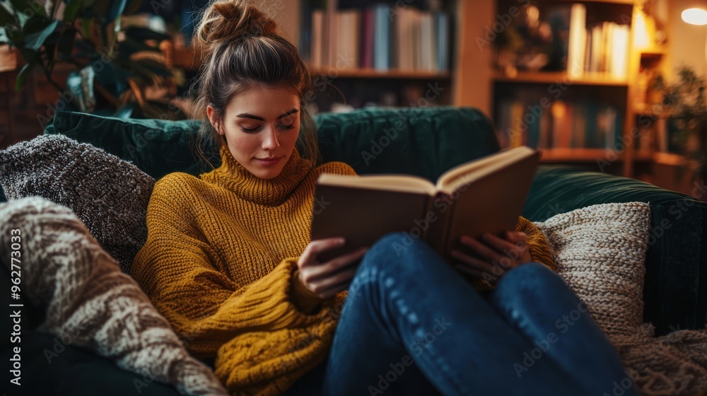 Young women relaxing with a book in a cozy living room. Young women relaxing with a book in a cozy living room.