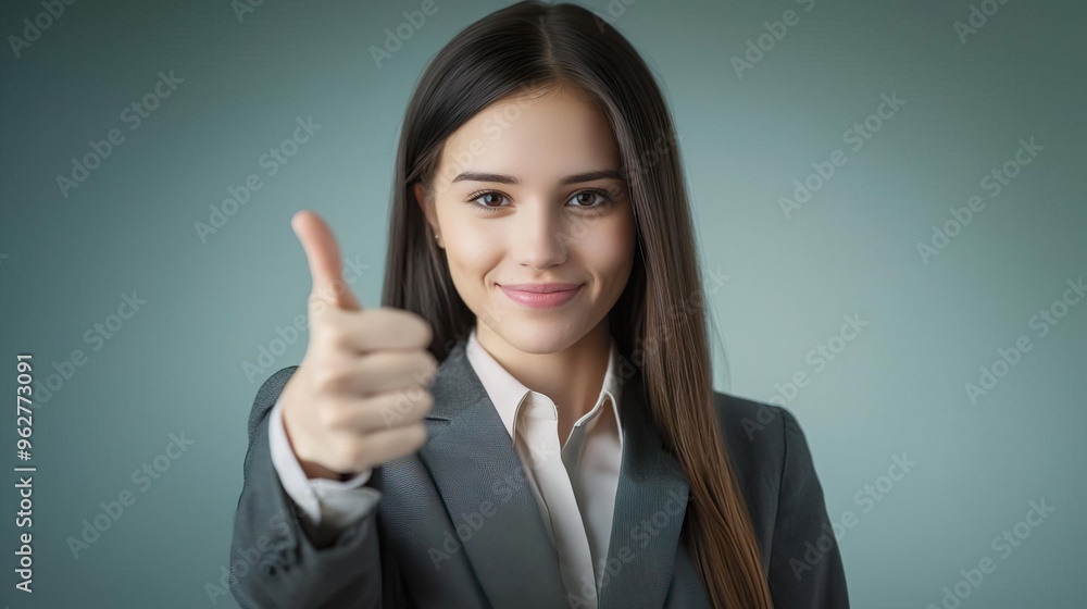 Confident woman giving a thumbs-up, showcasing positivity and success in a professional environment. Confident woman giving a thumbs-up, showcasing positivity and success in a professional environment.