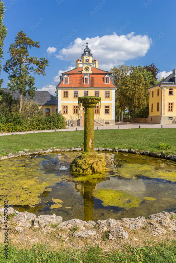 Fountain and pond in front of the castle Belvedere in Weimar, Germany