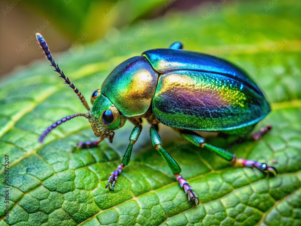 A vibrant, iridescent beetle perches on a delicate green leaf, its shimmering blue-green carapace and intricate A vibrant, iridescent beetle perches on a delicate green leaf, its shimmering blue-green carapace and intricate