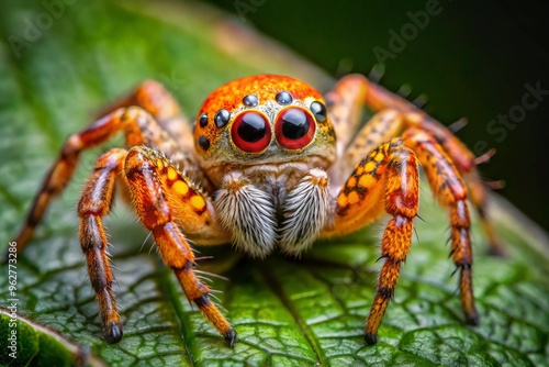 A vibrant orange dot adorns the back of a tiny, intricately patterned spider, perched delicately on a leaf,