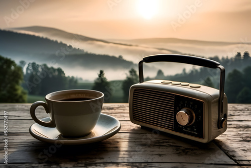 A cup of coffee and a vintage radio with a breathtakingly serene landscape photo