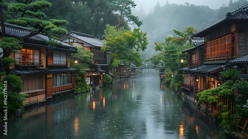 Obraz premium Misty Canal Town Illustration