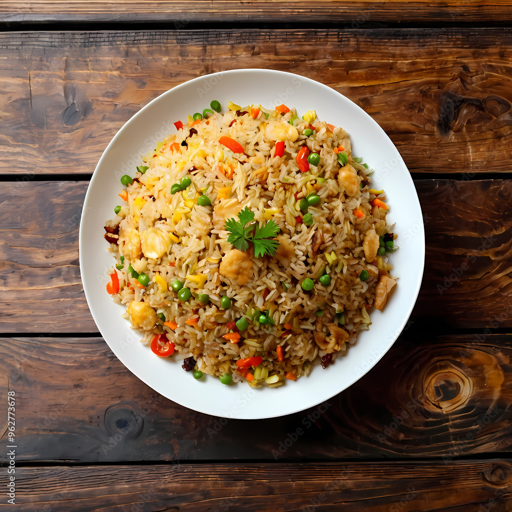 A Plate of Fried Rice on a Wooden Table A Plate of Fried Rice on a Wooden Table