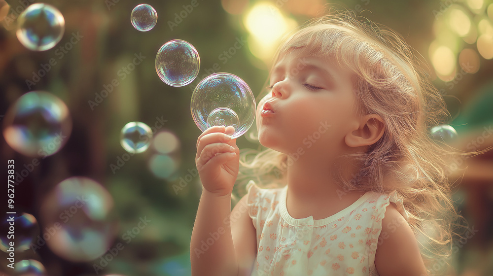 photography of a young child blowing bubbles in a garden, photography of a young child blowing bubbles in a garden,
