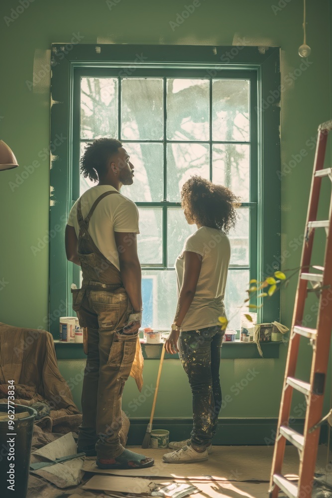 Mixed-race couple discusses painting project with paintbrush. Home improvement duo sits on stools near beige wall and window. Yellow ladder stands in background. Natural light illuminates scene. Mixed-race couple discusses painting project with paintbrush. Home improvement duo sits on stools near beige wall and window. Yellow ladder stands in background. Natural light illuminates scene.