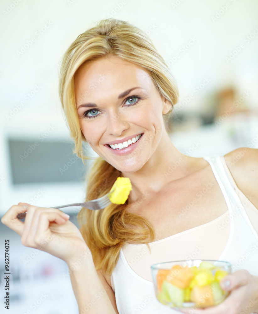 Portrait of happy woman, healthy or fruit salad in home with smile, healthy breakfast or minerals for vitamins. Morning, Australia or person with organic food for wellness, benefits or diet nutrition Portrait of happy woman, healthy or fruit salad in home with smile, healthy breakfast or minerals for vitamins. Morning, Australia or person with organic food for wellness, benefits or diet nutrition
