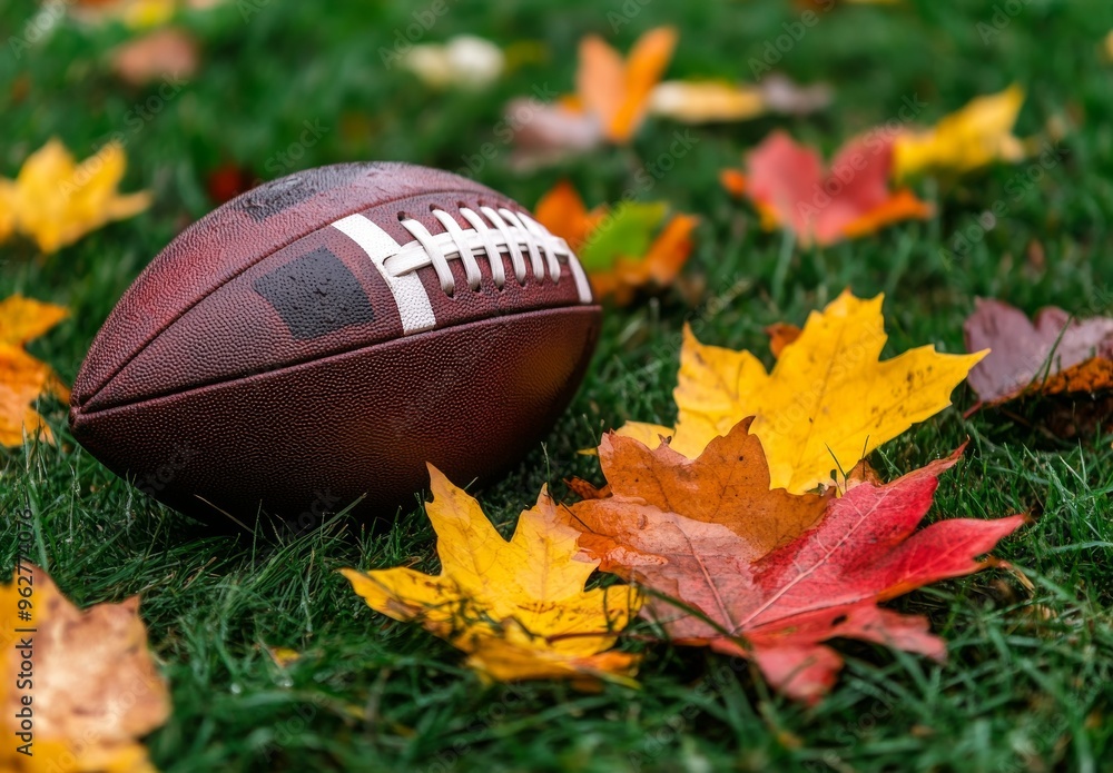 Football lying on the grass with autumn leaves scattered around it Football lying on the grass with autumn leaves scattered around it