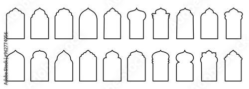 Shape Islamic door and window silhouette Arabic arch. Collection of patterns in oriental style. Frames in Arabic Muslim design for Ramadan Kareem. Vector mosque gate stroke isolated on white