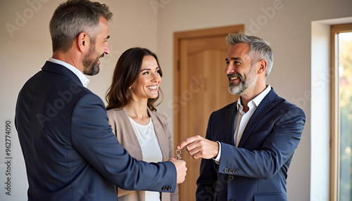 A smiling mature professional realtor agent giving house key to a couple buying property and ready to become homeowners, real estate market concept.