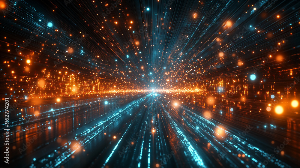 Fototapeta premium Visual Representation of Internet Traffic with Glowing Data Packets Flowing Through a Network, Occasionally Glitching and Rerouting in Real-Time