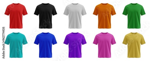 Collection of plain t-shirts in various vibrant colors, displayed on a white background, ideal for apparel design or fashion mockups. Generative AI
