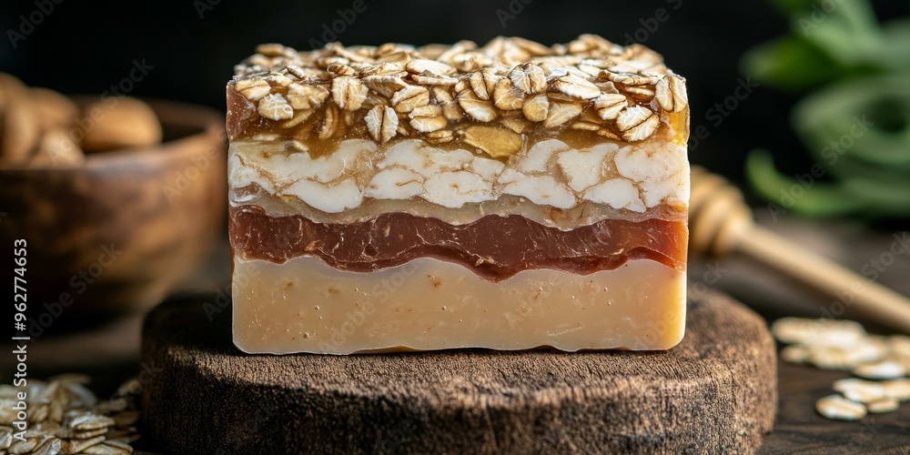 Layered oatmeal soap with honey and nuts. Layered oatmeal soap with honey and nuts.