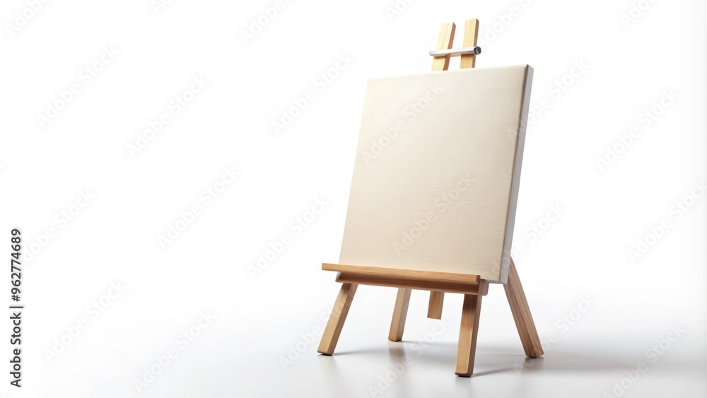 Blank Stretched Artist Canvas In Wooden Easel Stand, Various Sizes Against White Background Blank Stretched Artist Canvas In Wooden Easel Stand, Various Sizes Against White Background