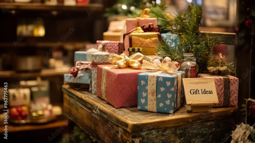 Christmas Gift Ideas Decorated Presents Wooden Table Christmas Gift Ideas Decorated Presents Wooden Table