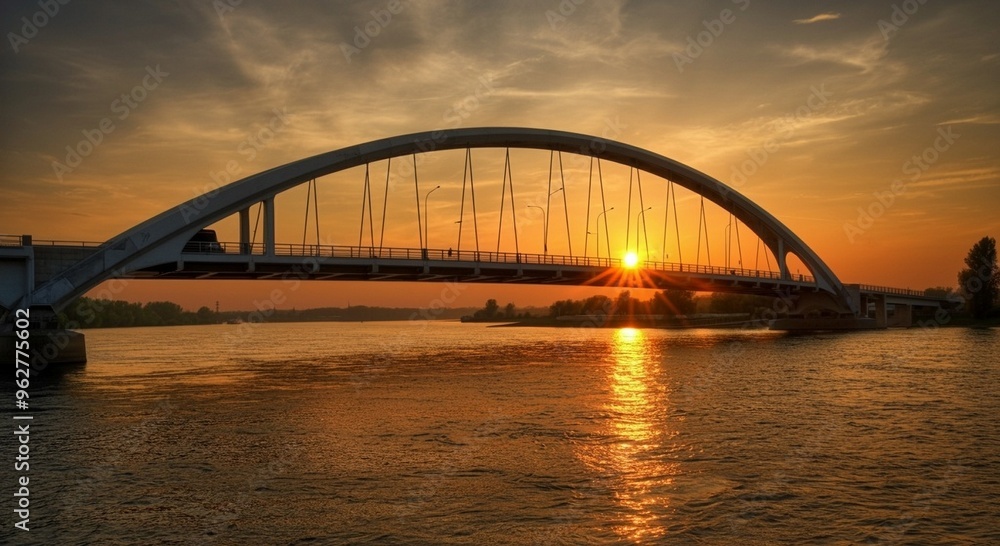A bridge over a river at sunset, with the setting sun reflecting on the water. A bridge over a river at sunset, with the setting sun reflecting on the water.