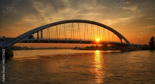 A bridge over a river at sunset, with the setting sun reflecting on the water.