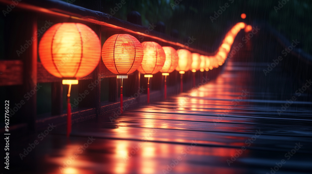 a row of traditional red lantern on wooden bridge a row of traditional red lantern on wooden bridge