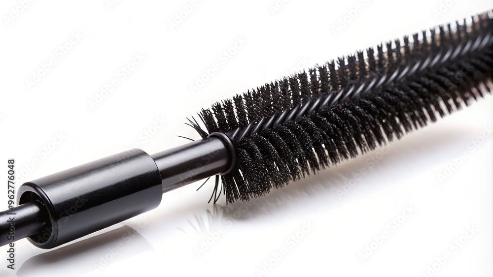 Close-Up Of A Mascara Brush Covered In Black Mascara, Isolated On A White Background Close-Up Of A Mascara Brush Covered In Black Mascara, Isolated On A White Background