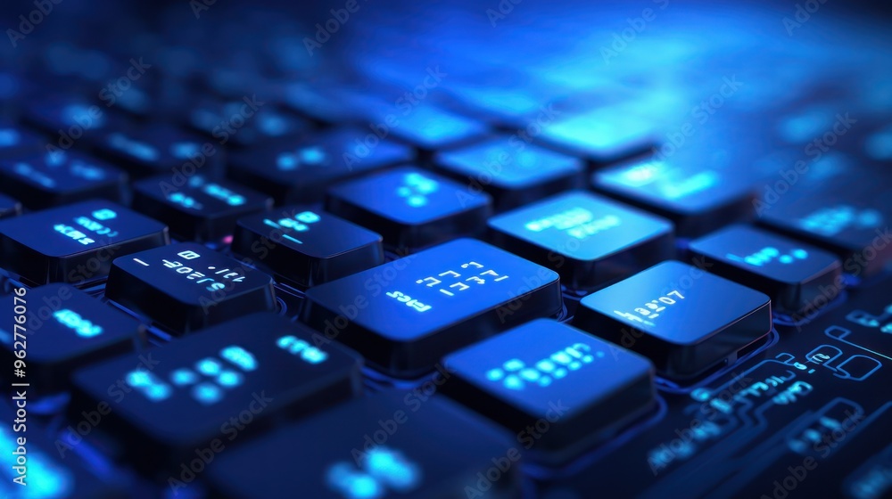 Close-Up View of a Blue Illuminated Keyboard Close-Up View of a Blue Illuminated Keyboard
