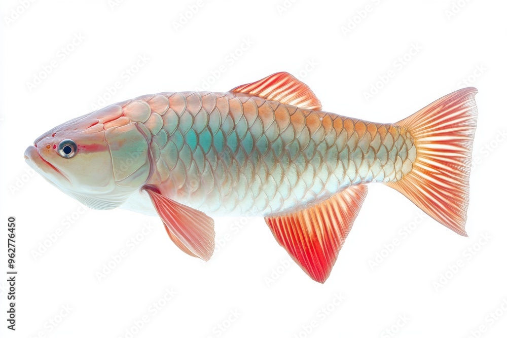 the beside view Silver Arowana Fish, left side view, white copy space on right, Isolated on White Background the beside view Silver Arowana Fish, left side view, white copy space on right, Isolated on White Background