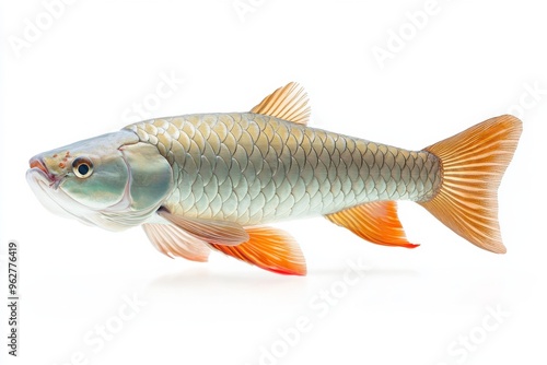 the beside view Silver Arowana Fish, left side view, white copy space on right, Isolated on White Background