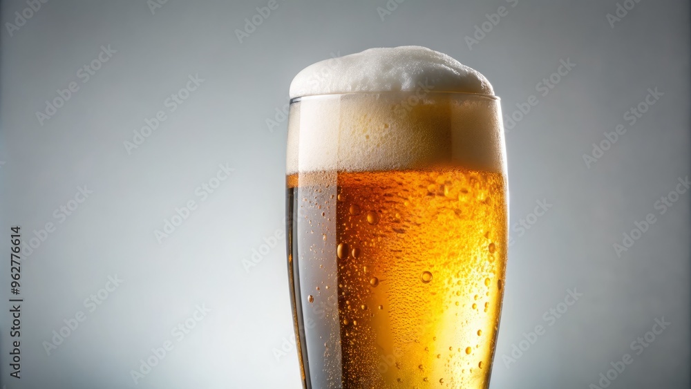 Close-Up Of Poured Lager With White Foam And Bubbles In Transparent Glass On Light Background Close-Up Of Poured Lager With White Foam And Bubbles In Transparent Glass On Light Background